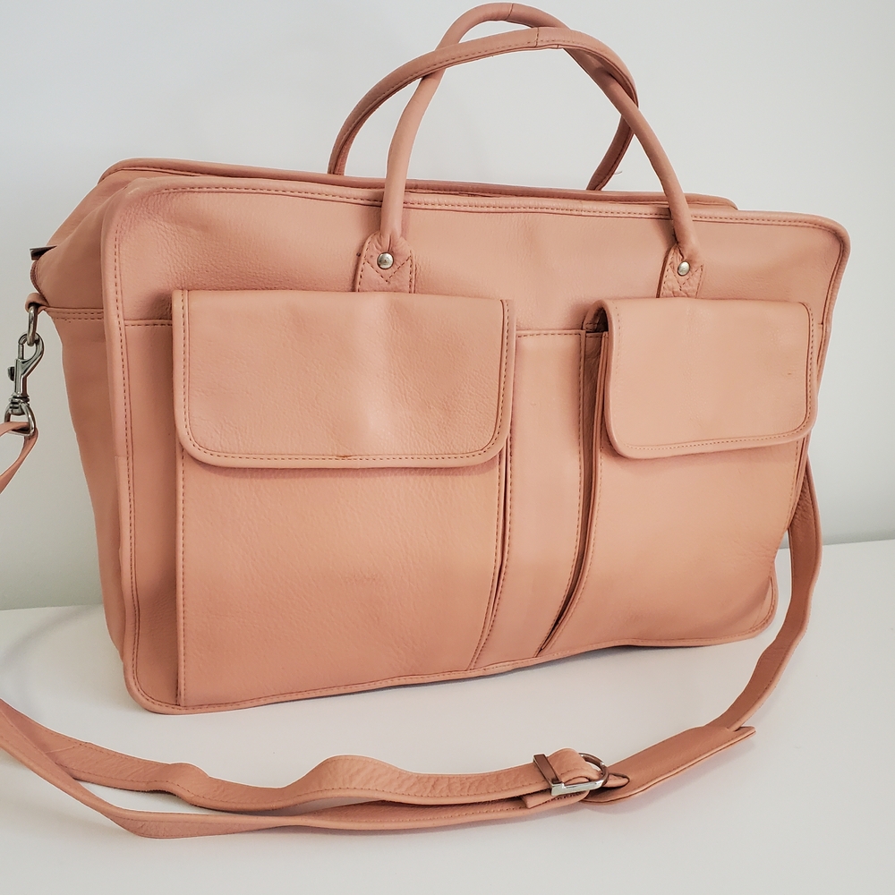 Women's Peach Leather Tote Bag with Front Pockets
